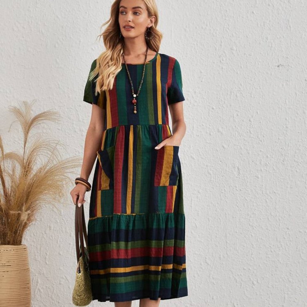 Best Striped Print Ruffle Hem Smock Dress with POCKETS